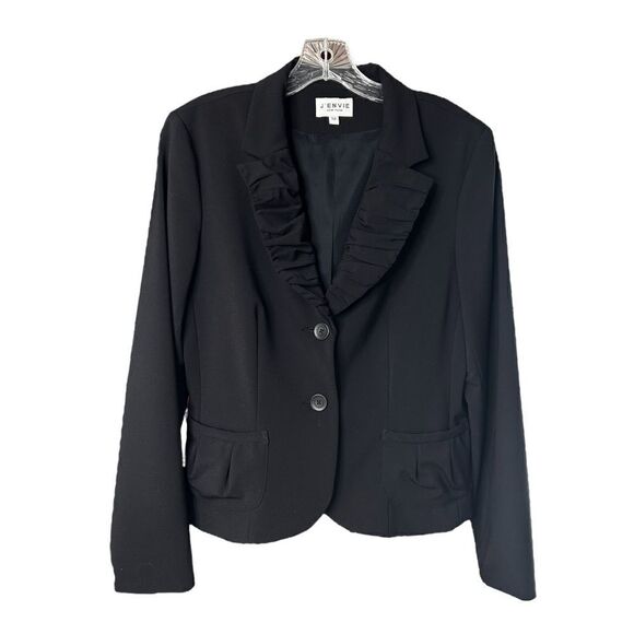 New J’ENVIE Cropped Black Blazer Ruffle Collar Button Silk Suit Jacket Womens 10 - Picture 1 of 5